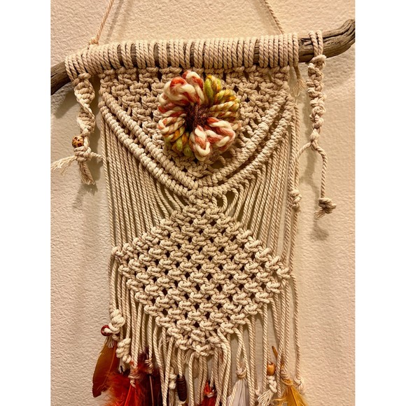 Fall Vibes Wall Hanging w/ feathers and flower | Boho home decor Rustic Tapestry - Picture 3 of 6